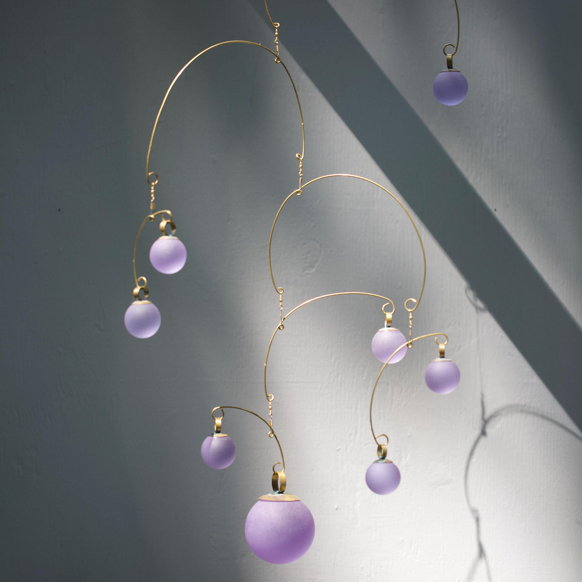 Lavender Light Kinetic Mobile - Hand-Forged Brass & Solid Purple Glass Orbs
