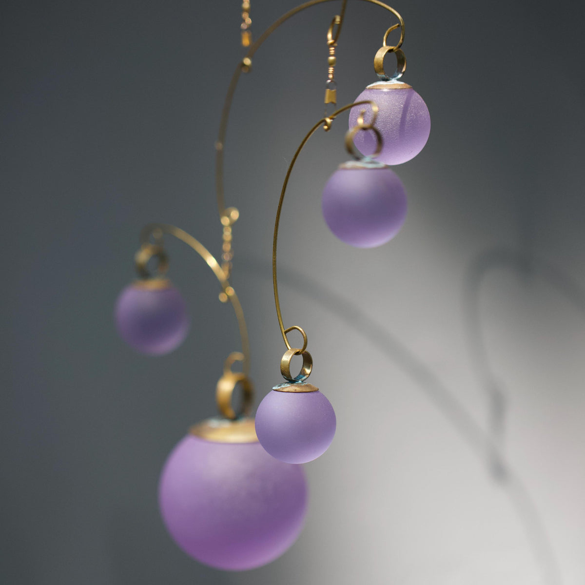 Lavender Light Kinetic Mobile - Hand-Forged Brass & Solid Purple Glass Orbs