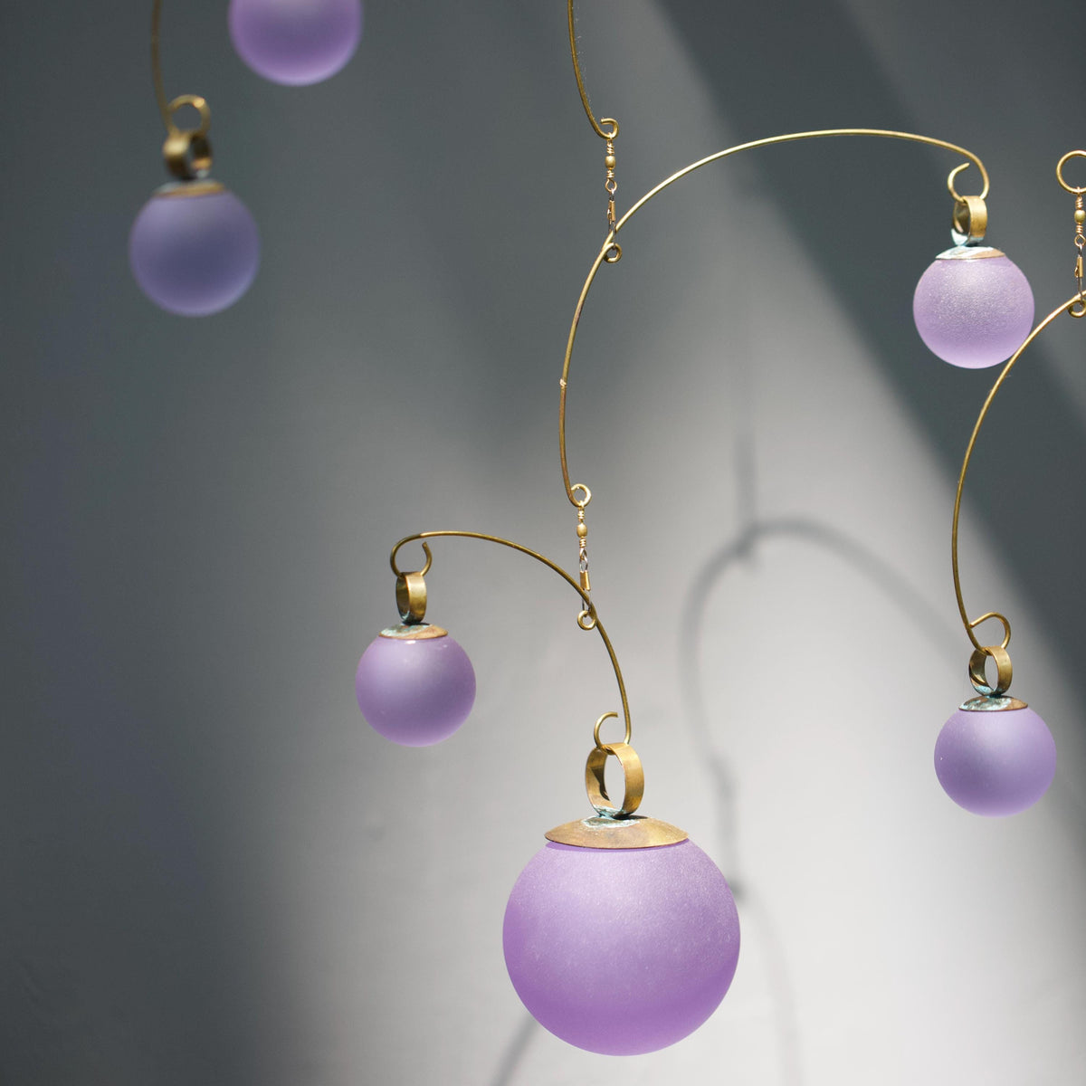 Lavender Light Kinetic Mobile - Hand-Forged Brass & Solid Purple Glass Orbs