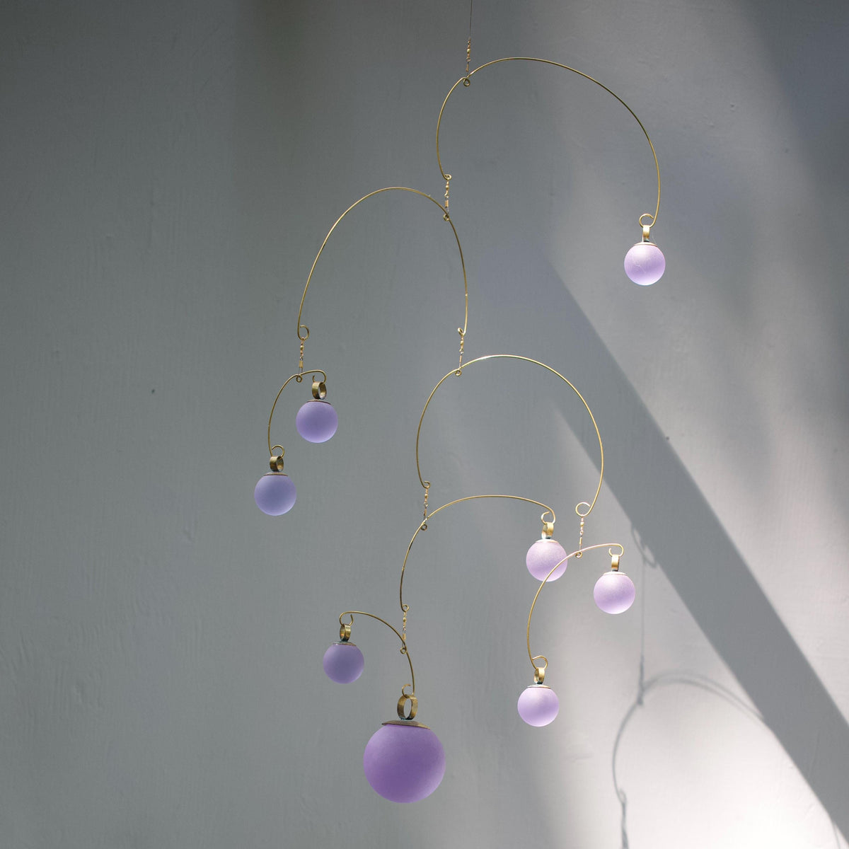 Lavender Light Kinetic Mobile - Hand-Forged Brass & Solid Purple Glass Orbs