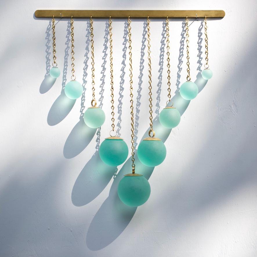 Chevron Seafoam Glass & Hand-Forged Brass Wall Hanging | Modern Coastal Wall Art | Sculptural Glass Decor