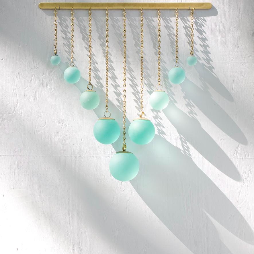 Chevron Seafoam Glass & Hand-Forged Brass Wall Hanging | Modern Coastal Wall Art | Sculptural Glass Decor