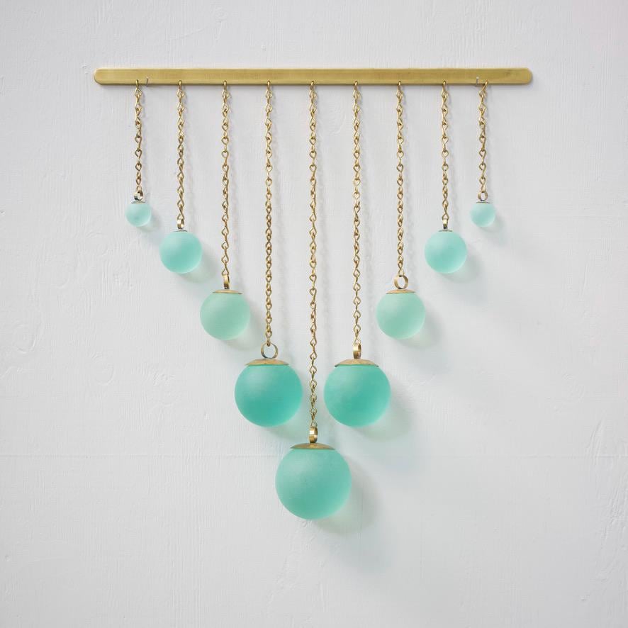 Chevron Seafoam Glass & Hand-Forged Brass Wall Hanging | Modern Coastal Wall Art | Sculptural Glass Decor