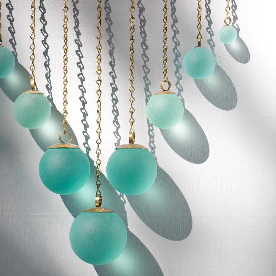 Chevron Seafoam Glass & Hand-Forged Brass Wall Hanging | Modern Coastal Wall Art | Sculptural Glass Decor