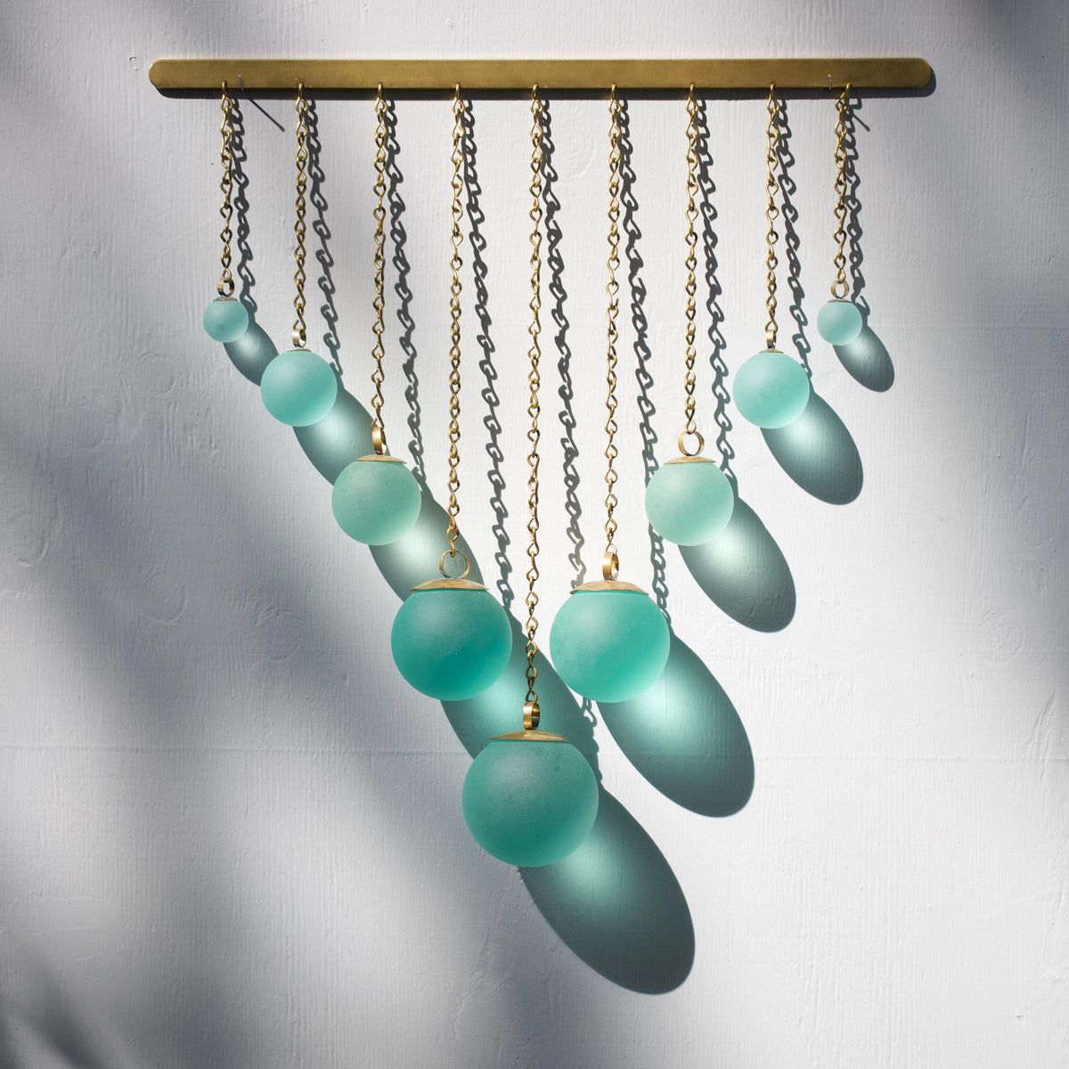 Chevron Seafoam Glass & Hand-Forged Brass Wall Hanging | Modern Coastal Wall Art | Sculptural Glass Decor