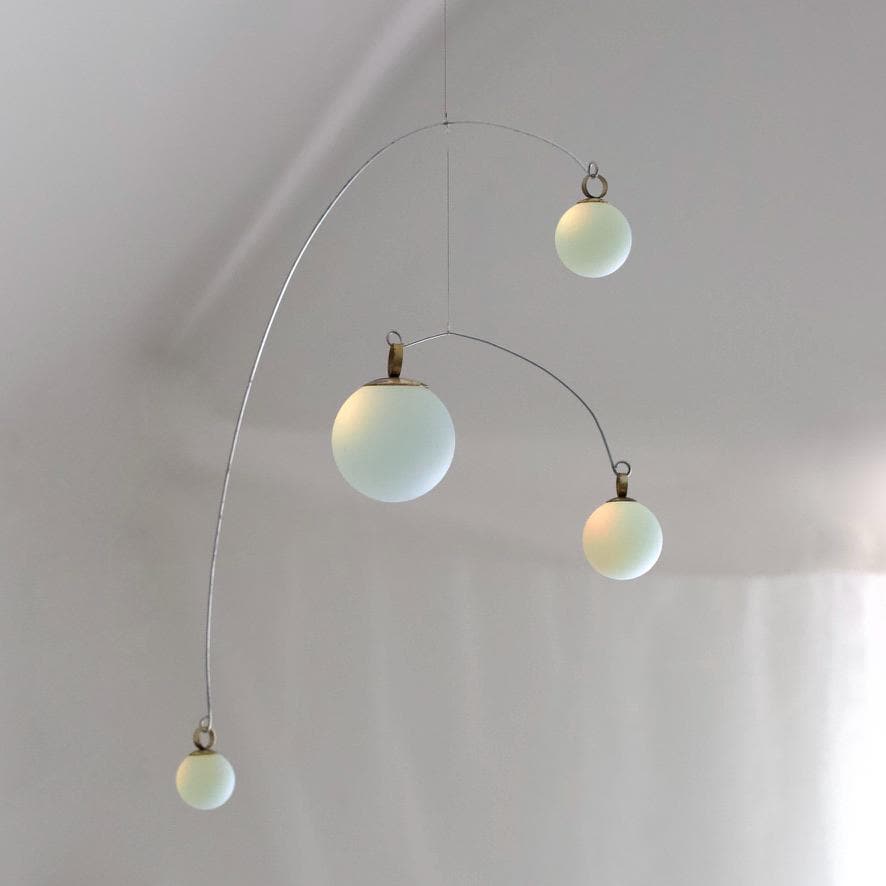 Opalite Glass & Brass Mobile: Handmade Kinetic Sculpture (22” x 14”)