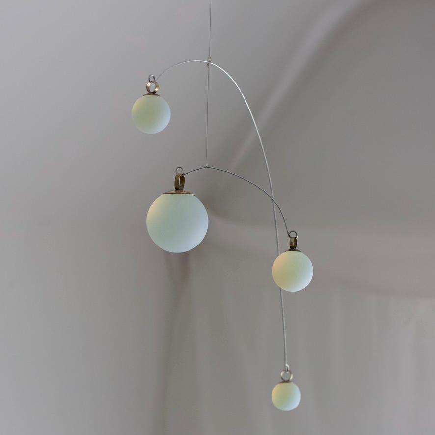 Opalite Glass & Brass Mobile: Handmade Kinetic Sculpture (22” x 14”)