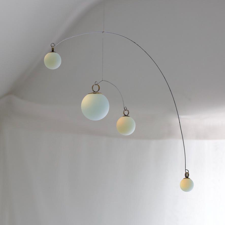 Opalite Glass & Brass Mobile: Handmade Kinetic Sculpture (22” x 14”)