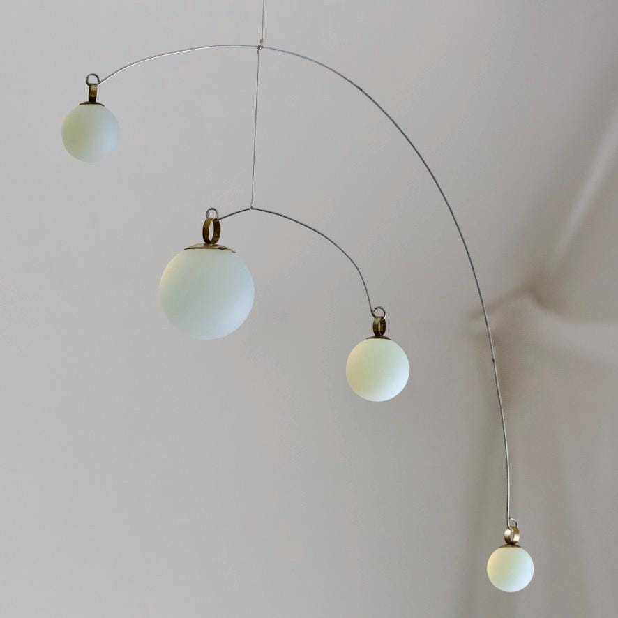 Opalite Glass & Brass Mobile: Handmade Kinetic Sculpture (22” x 14”)