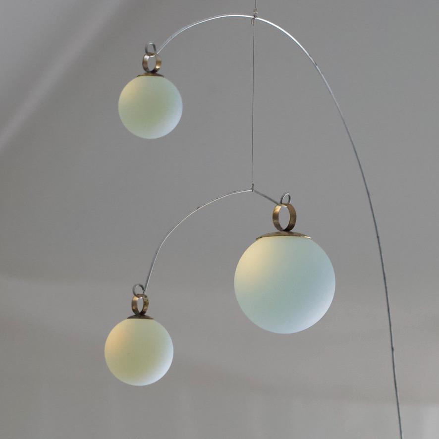 Opalite Glass & Brass Mobile: Handmade Kinetic Sculpture (22” x 14”)