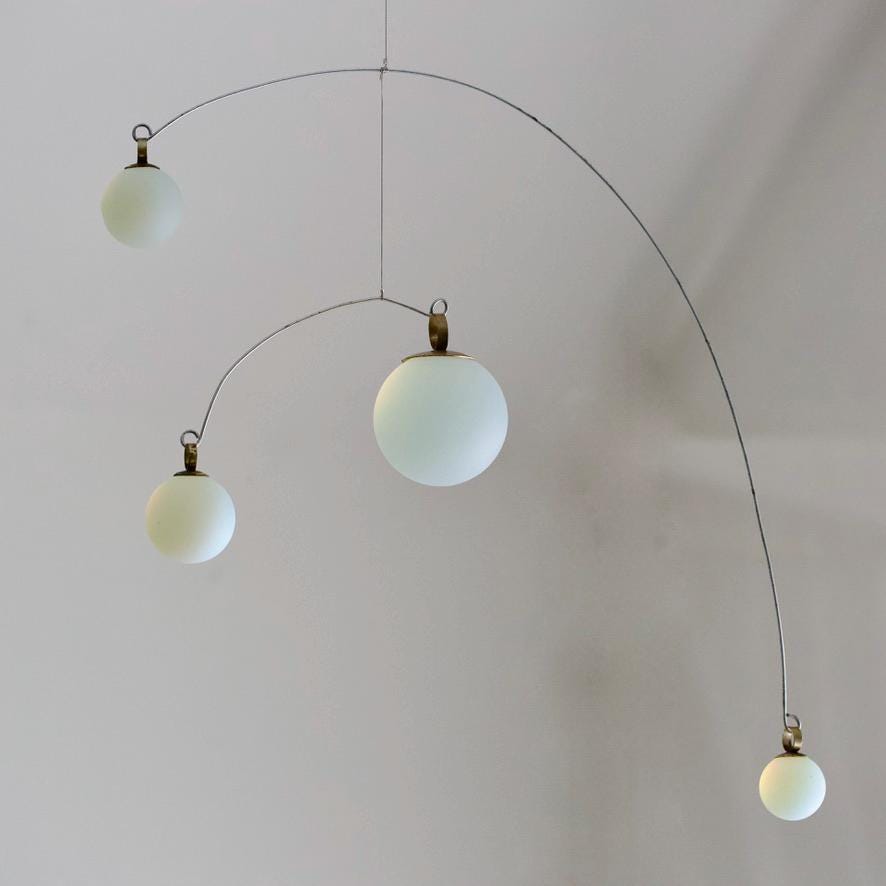 Opalite Glass & Brass Mobile: Handmade Kinetic Sculpture (22” x 14”)