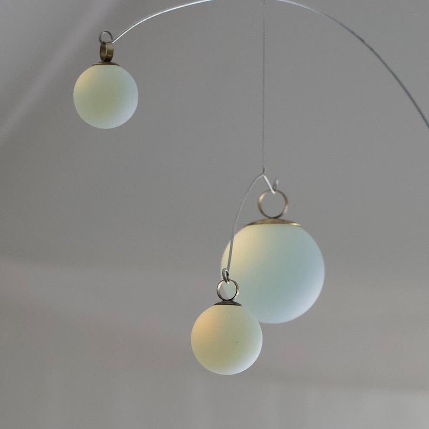 Opalite Glass & Brass Mobile: Handmade Kinetic Sculpture (22” x 14”)