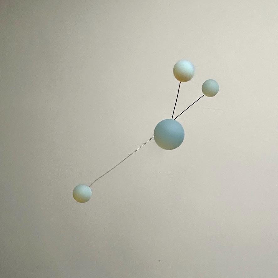 Opalite Glass & Brass Mobile: Handmade Kinetic Sculpture (22” x 14”)