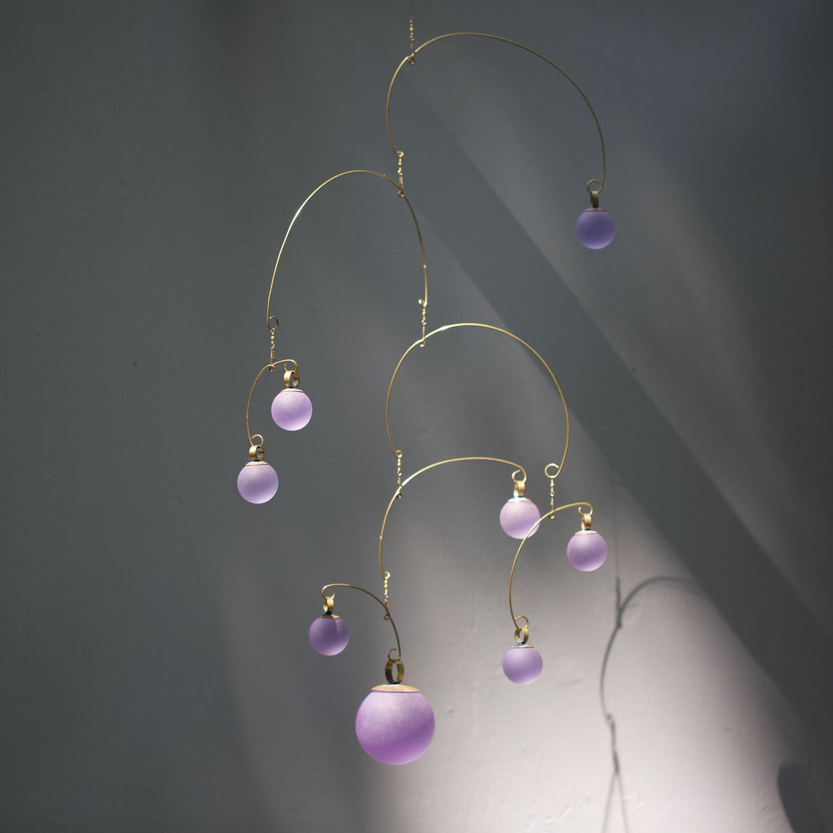 Lavender Light Kinetic Mobile - Hand-Forged Brass & Solid Purple Glass Orbs