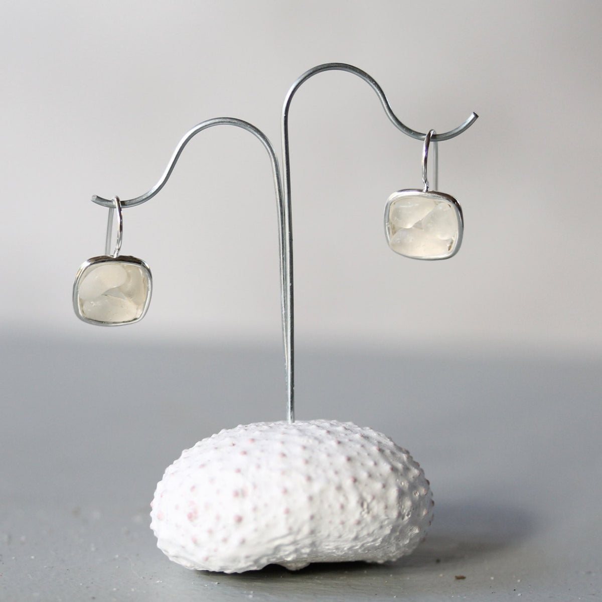 Sea Glass & Silver Mosaic Earrings - White