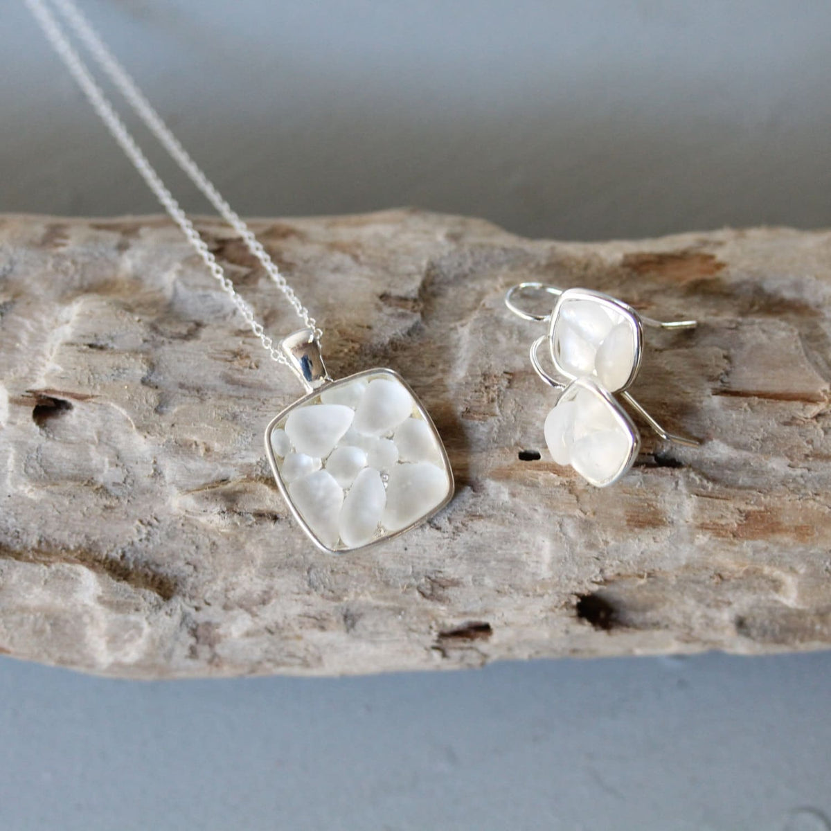 Sea Glass & Silver Mosaic Earrings - White