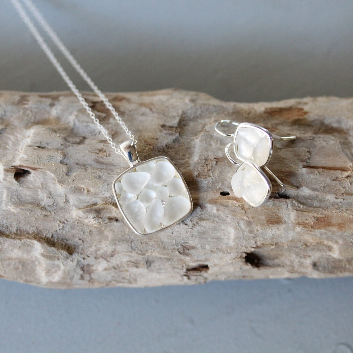 Sea Glass & Silver Mosaic Earrings - White