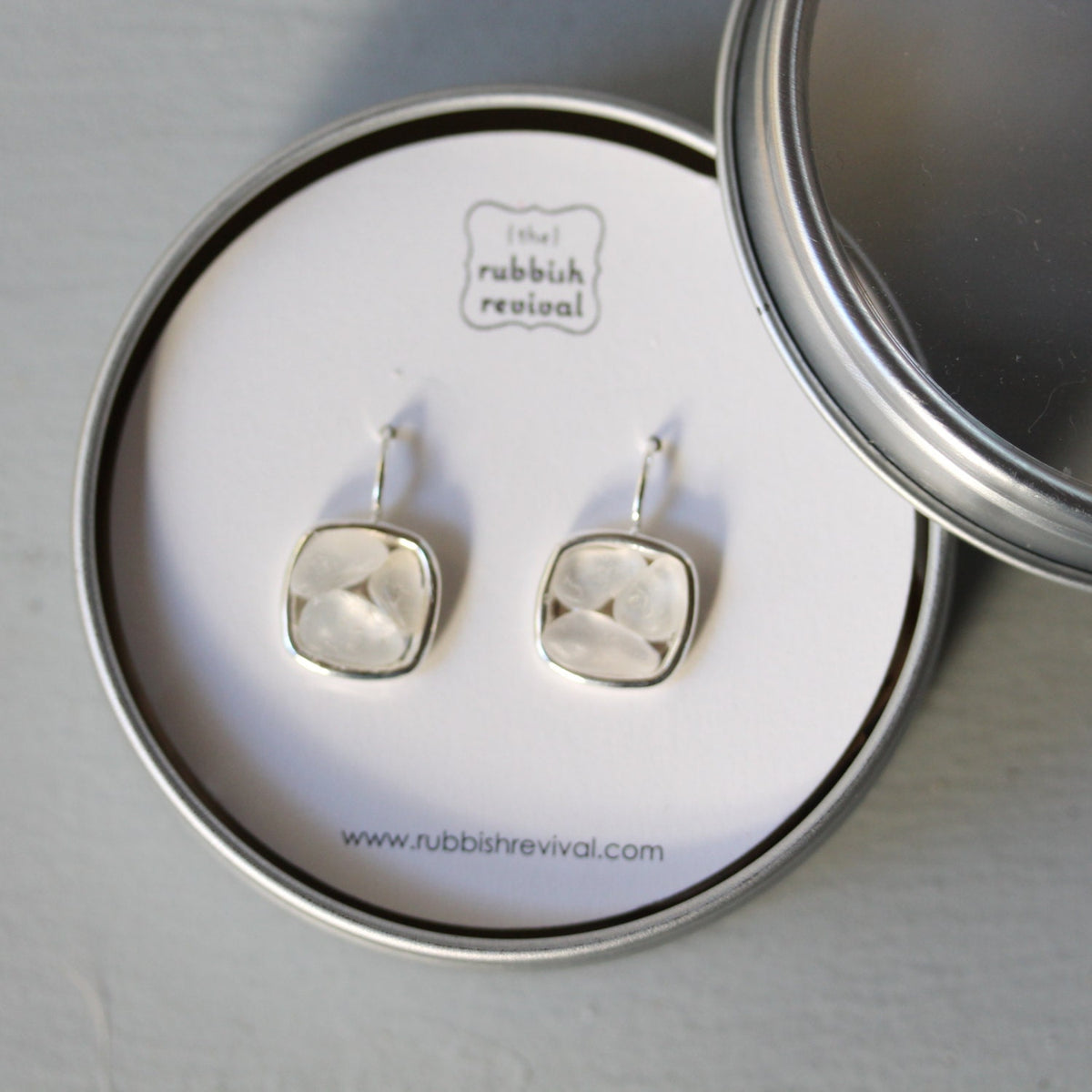 Sea Glass & Silver Mosaic Earrings - White