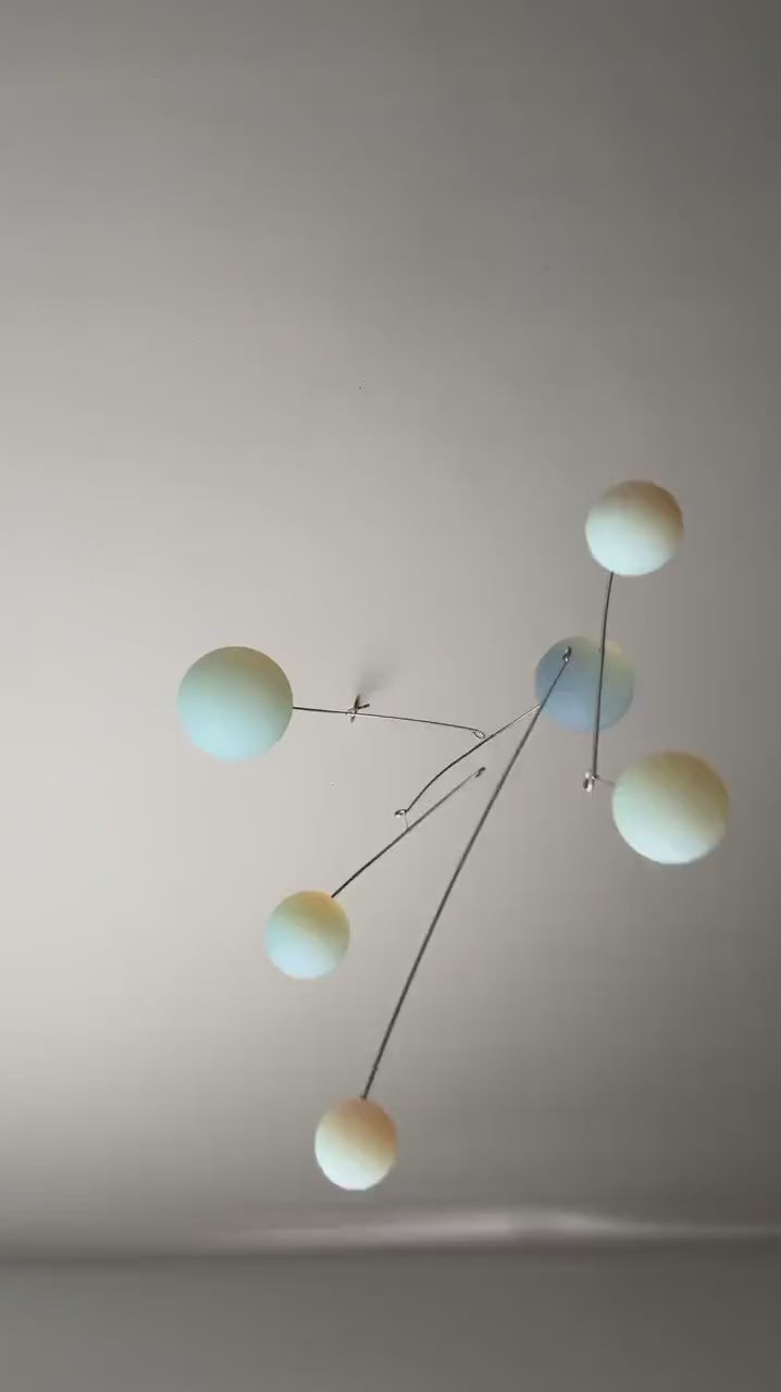 Opalite Glass & Brass Mobile: Handmade Kinetic Sculpture (40” x 19”)