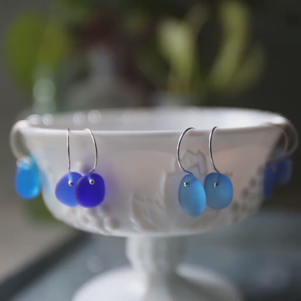 Sea Glass & Sterling Silver Earrings - Shades of Blue