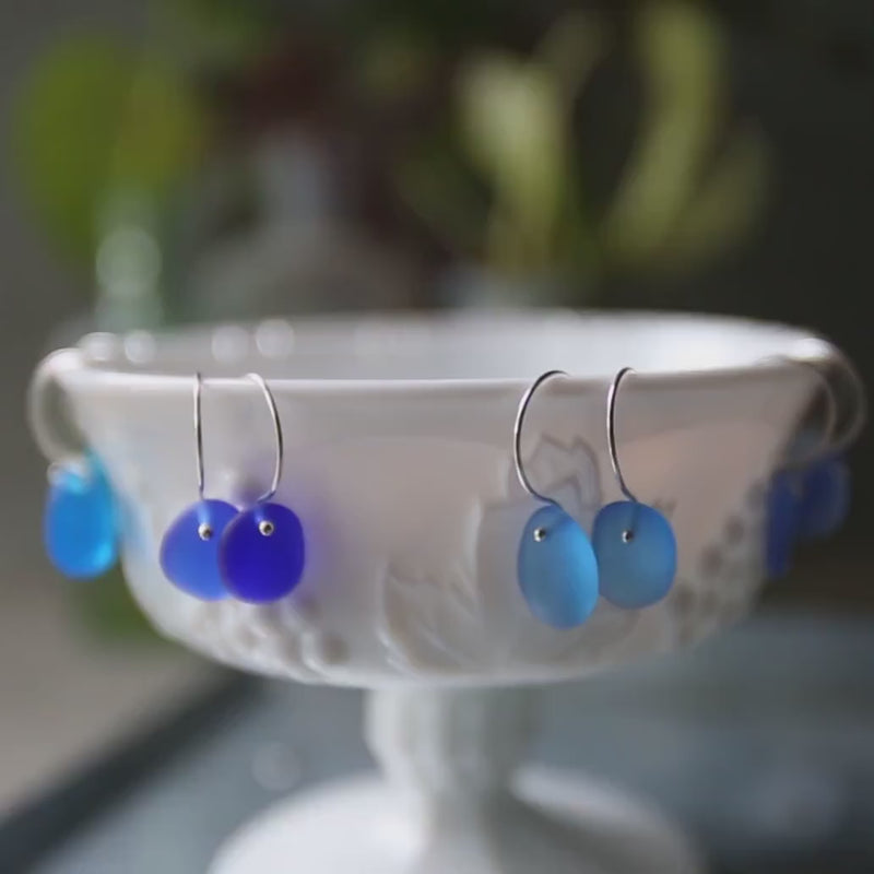 Sea Glass & Sterling Silver Earrings - Shades of Blue