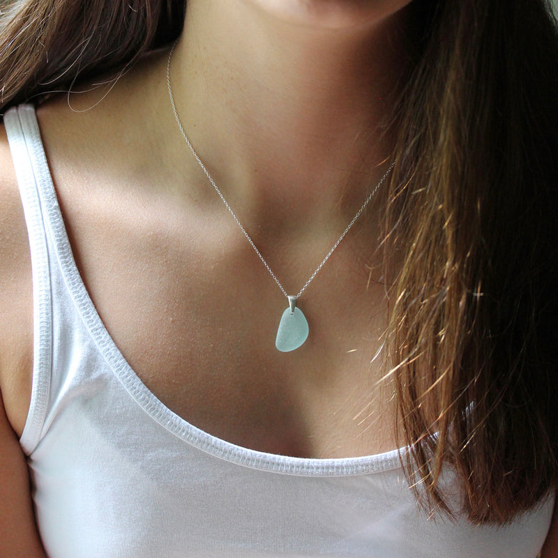 Sea Glass & Sterling Silver Necklace - Emerald Pendant