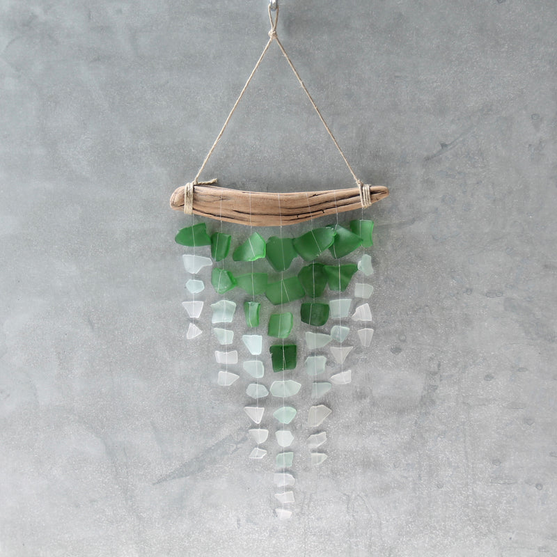 Sea Glass & Driftwood Mobile - OMBRE  GREEN- Green, Seafoam and Clear Seaglass