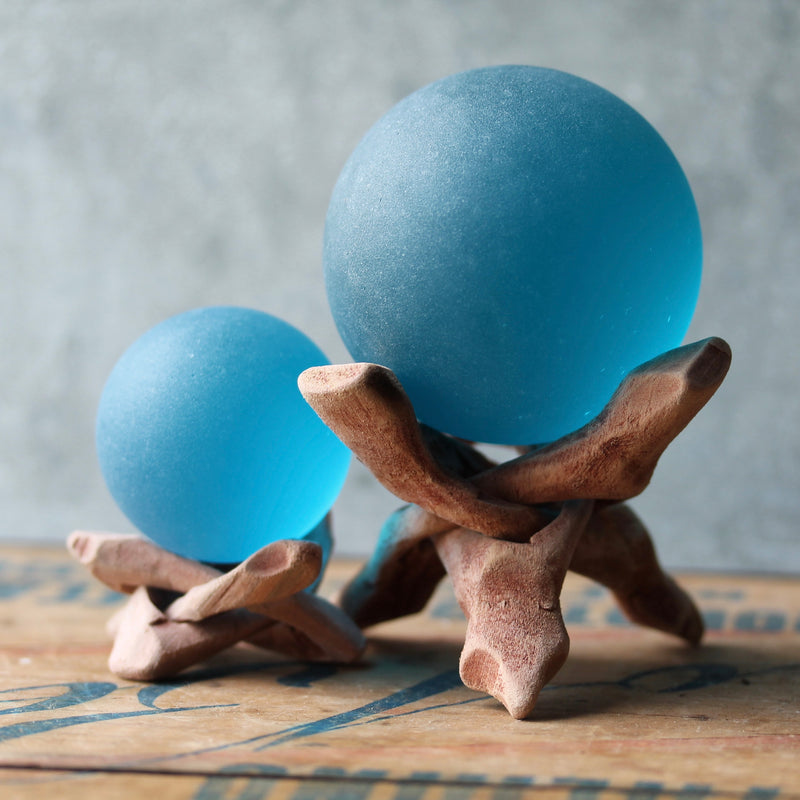 Seaglass Ball with Driftwood Stand- Deep Aqua